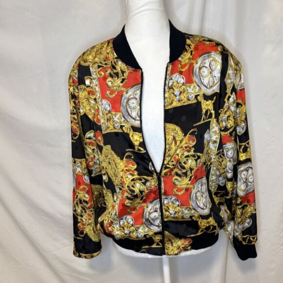 Vintage 1980s/90s Papell Too Bomber Statement Zip Jacket Baroque Clock & Lion - Picture 2 of 5